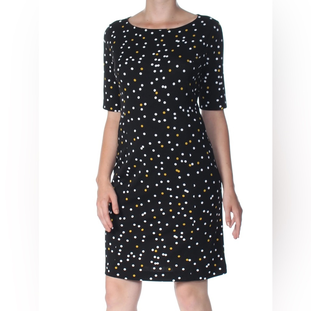 Alfani Black Dress with White & Mustard Polka Dots – Size 8
